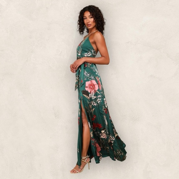 NWT Lulus Still the One Emerald Green Floral Print Satin Maxi Dress. XL #1553 - Picture 4 of 10